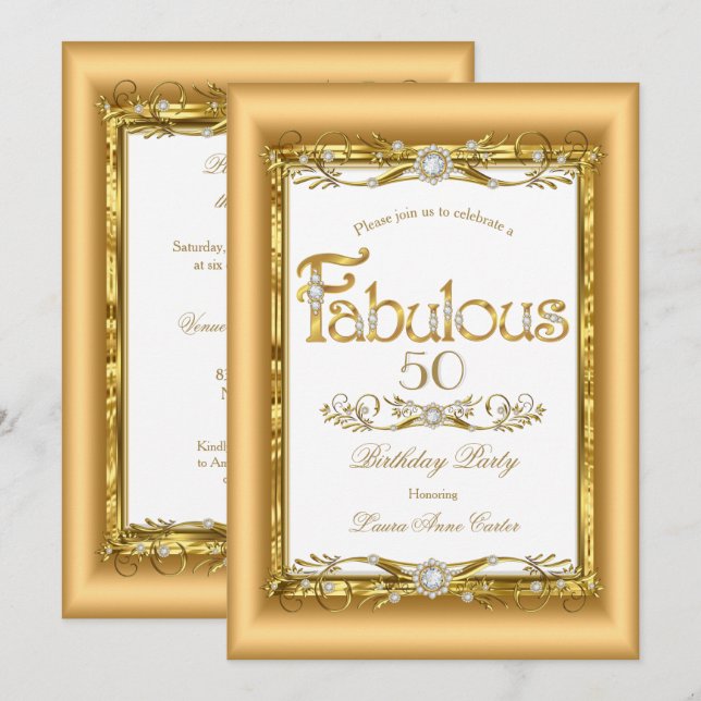 Invitation Fabuleux Gold White Diamond fête d'anniversaire (Devant / Derrière)