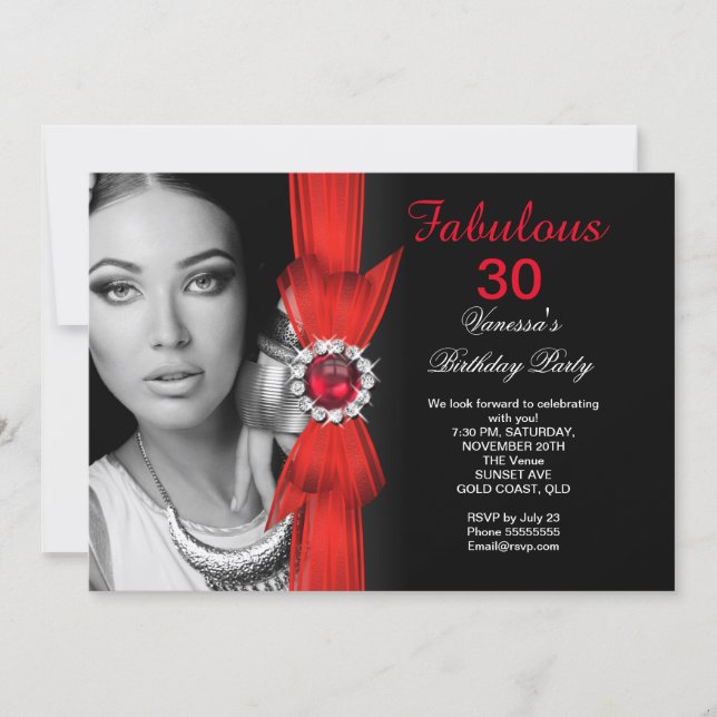 Invitation Fabuleux Photo Anniversaire Fête Deep Red Black (Devant)