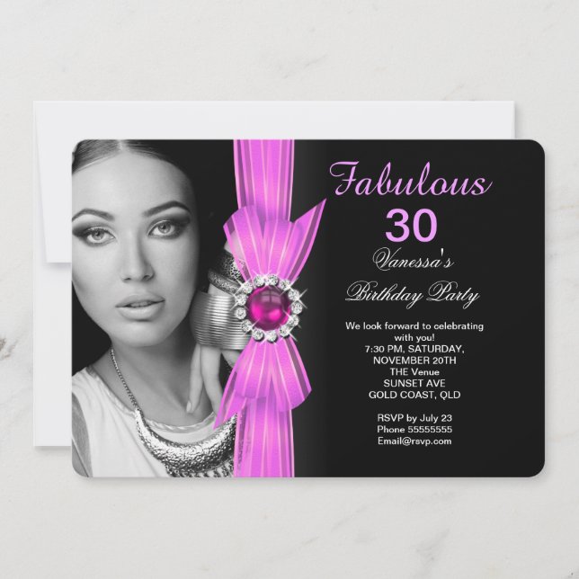 Invitation Fabuleux Photo Anniversaire Fête Rose Noir (Devant)