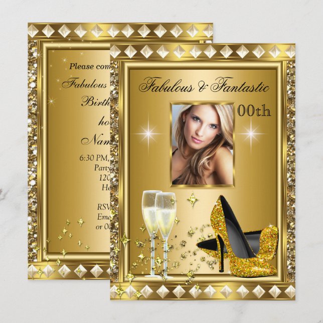 Invitation Fabuleux Photo Gold Glitz Glam Hollywood Anniversa (Devant / Derrière)
