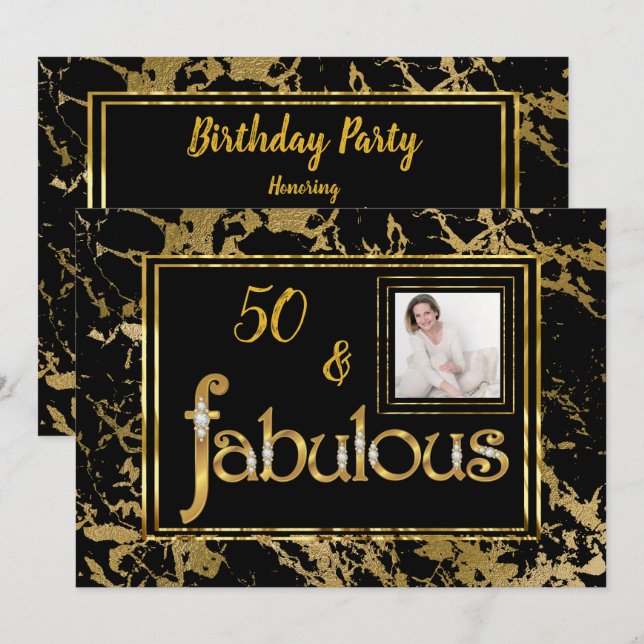 Invitation Fabuleux Photo Gold Marbre Noir fête d'anniversair (Devant / Derrière)