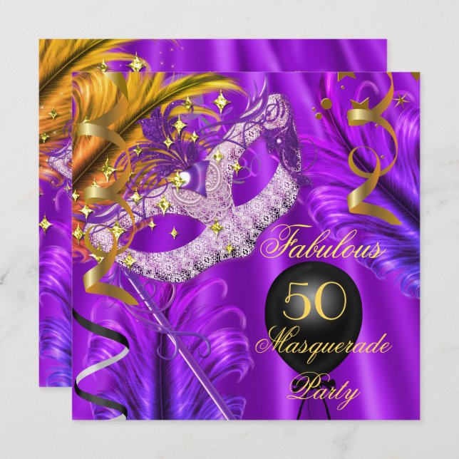Invitation Fabuleux Purple Gold Masquerade Anniversaire (Devant / Derrière)