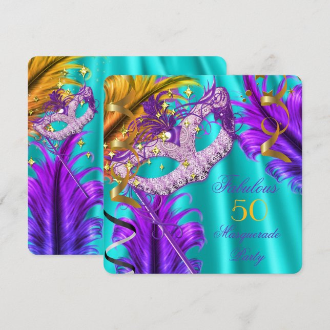 Invitation Fabuleux Purple Turquoise Masquerade fête d'annive (Devant / Derrière)