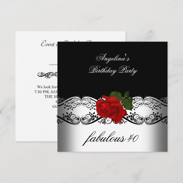 Invitation Fabuleux Roses de fête d'anniversaire Rouge Noir B (Devant / Derrière)