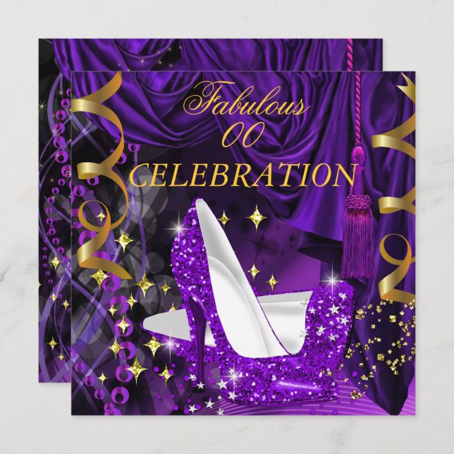 Invitation Fabuleux talons d'or violet pour femmes Anniversai (Devant / Derrière)