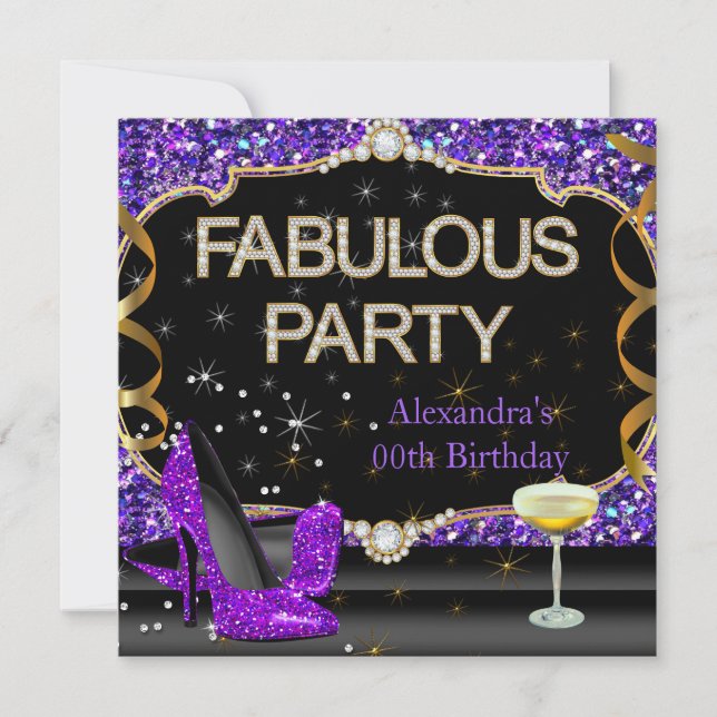 Invitation Fabuleux violet Parties scintillant noire fête d'a (Devant)