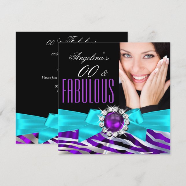 Invitation Fabuleux Zebra Purple Turquoise Black fête d'anniv (Devant / Derrière)
