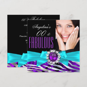 Invitation Fabuleux Zebra Purple Turquoise Black fête d'anniv