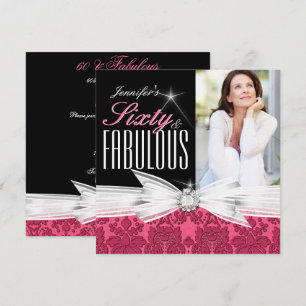 Invitation Fabulos 60 Photo Damassé Rose Fête d'anniversaire