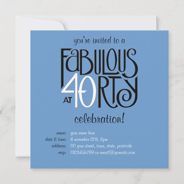 Invitation Fabulous 40 noir blanc bleu Anniversaire Invitatio (Devant)