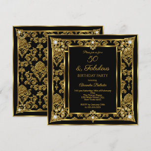 Invitation Fabulous 50 Anniversaire Or Noir Damassé Diamant
