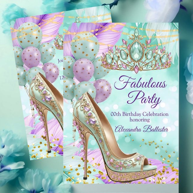 Invitation Fabulous birthday Lilac Teal Tiara Gold Heel (Créateur téléchargé)
