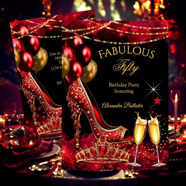 Invitation Fabulous Champagne birthday party Red Gold Heel (Créateur téléchargé)