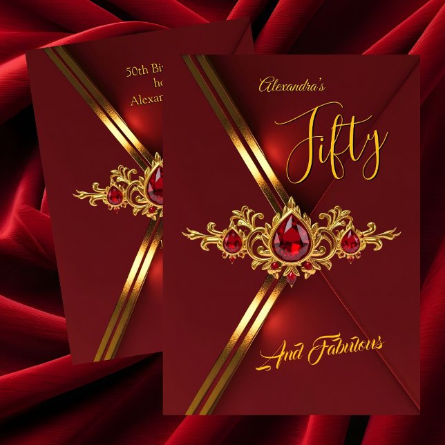 Invitation Fabulous Fifty Birthday Party Red Gold Gems (Créateur téléchargé)