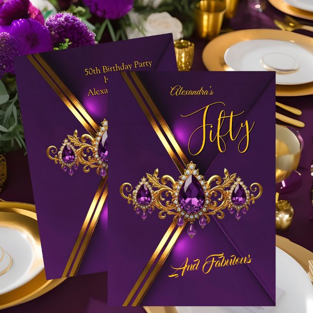 Invitation Fabulous Fifty Birthday Royal Purple Gold Gems (Créateur téléchargé)