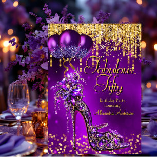 Invitation Fabulous Fifty Fête Purple Paillettes Or Stiletto