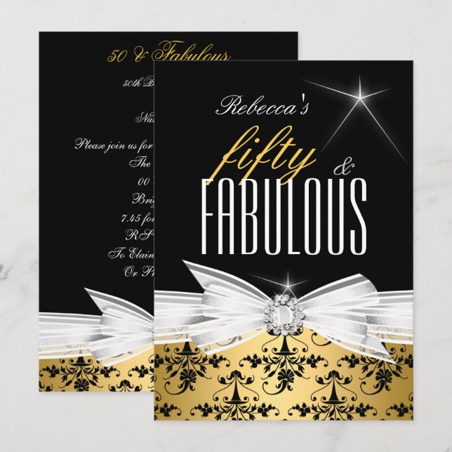 Invitation Fabulous Gold Black Damask 50th Birthday Party (Devant / Derrière)