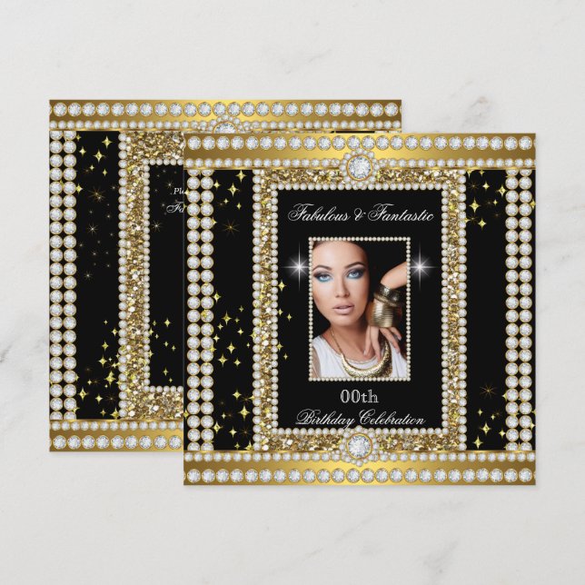 Invitation Fabulous Gold Black Glamor Photo Diamond Party (Devant / Derrière)