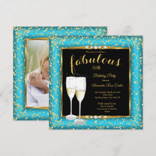 Invitation Fabulous Gold Turquoise bleu Champagne Photo Anniv