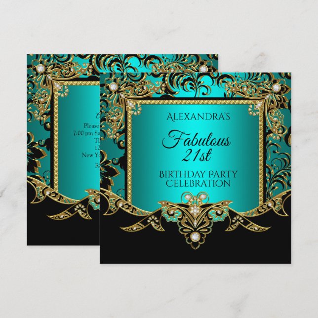 Invitation Fabulous Gold Turquoise BLUE Black 21e fête d'anni (Devant / Derrière)
