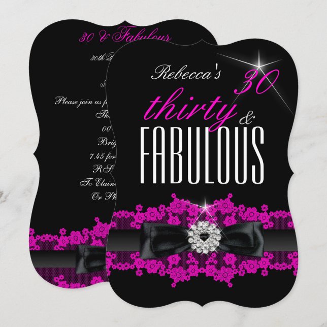 Invitation Fabulous Pink Lace Black 30e fête d'anniversaire (Devant / Derrière)