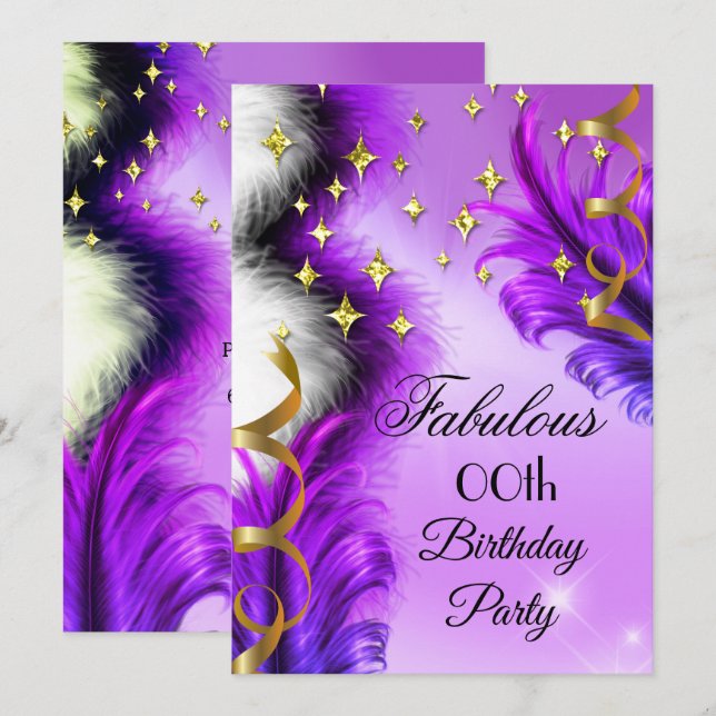 Invitation Fabulous Purple Feathers or fête d'anniversaire (Devant / Derrière)