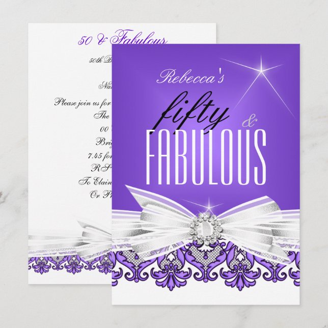 Invitation Fabulous Purple Lace Blanc 50e fête d'anniversaire (Devant / Derrière)