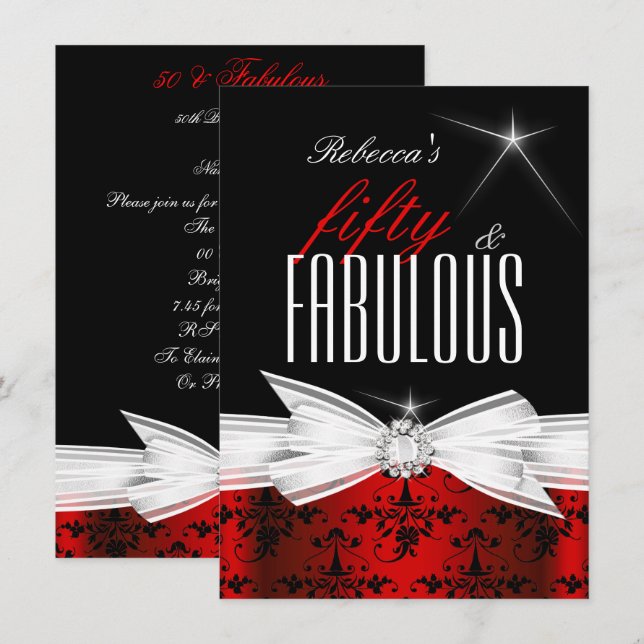 Invitation Fabulous Red Black Damask 50e fête d'anniversaire (Devant / Derrière)