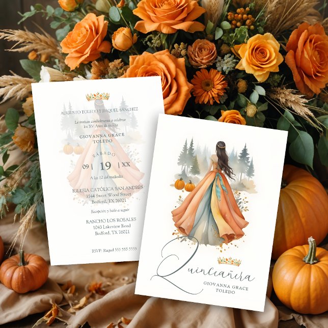 Invitation Fabulous Seasonal Fall Landscape Spanish XV Años (Fabulous Seasonal Fall Landscape Spanish XV Años Quinceañera Doll Illustration Invitations Cards.)