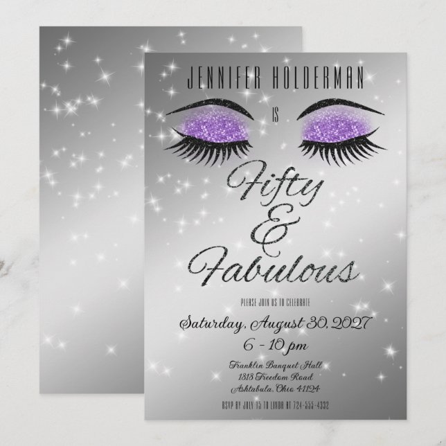 Invitation Fabulux 50 ans yeux noirs et violets Gl (Devant / Derrière)
