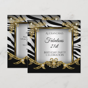 Invitation Fabulux Anniversaire 21 ans Noir Blanc Zèbre Or