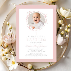 Invitation Faire Baptême Photo avec Ruban Rose Pâle Élégant