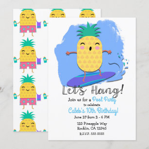 Invitation Faire du Surf Ananas Été Anniversaire Piscine Fête
