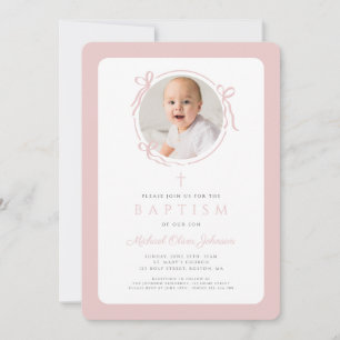 Invitation Faire Fille de Baptême Photo Rose Pâle Élégant Nœu