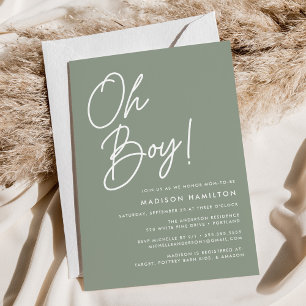 Invitation Faire Garçon Script Vert Sauge Baby Shower Minimal