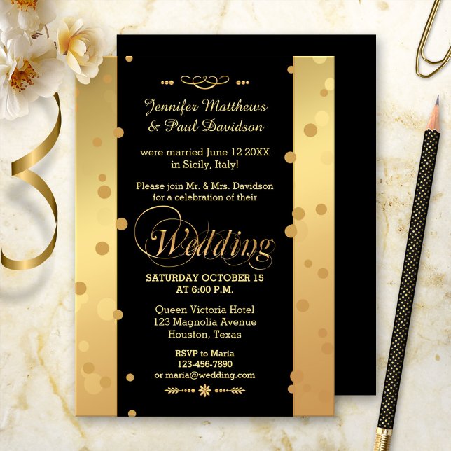 Invitation Faire le mariage sous la pluie de confettis ou inv (Post wedding reception invitation in gold and black with festive confetti sparkles)