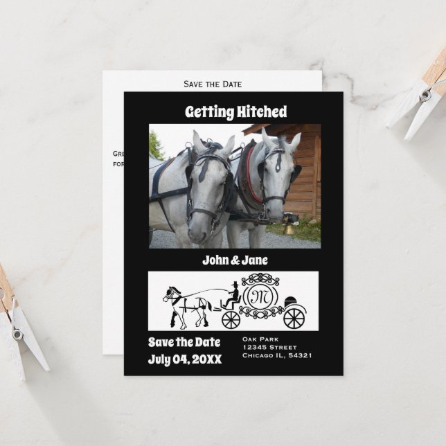 Invitation Faire Mariage Cheval Wagon Photo Monogram Invitati (Devant/Arrière en situation)
