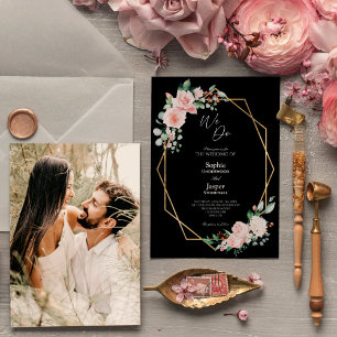 Invitation Faire Mariage Fleur Rose Simple Photo Noir