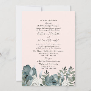 Invitation Faire Mariage Floral Bleu Poussiéreux Élégant Rose