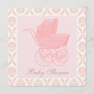 Invitation Faire part de Baby Shower Fille Bébé Poussette Ros