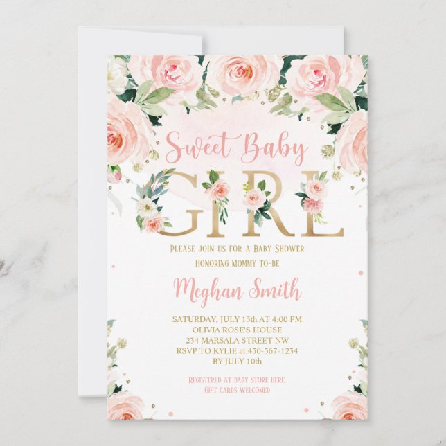 Invitation Faire part de Baby Shower Fille Rose Floral (Devant)