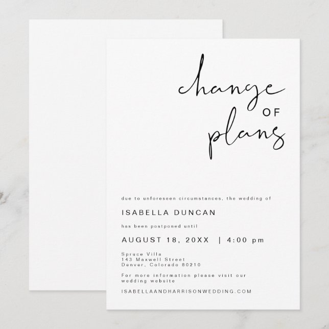 Invitation Faire part de changement de plans de mariage minim (Devant / Derrière)