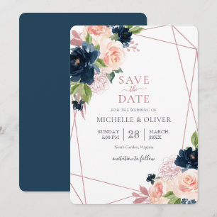 Invitation Faire part de date de Floral Navy et Blush Géométr