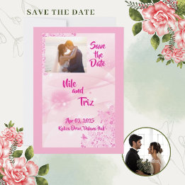 Invitation Faire part de date de mariage moderne rose photo p