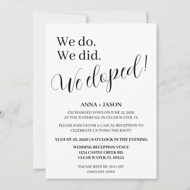 Invitation faire part de mariage après un mariage en fuite (Devant)