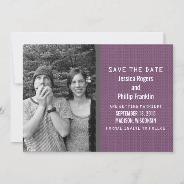 Invitation Faire part de mariage avec code binaire violet et  (Devant)