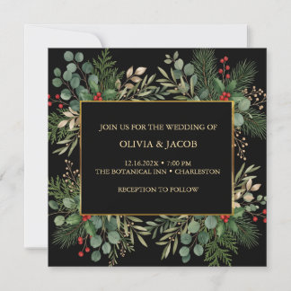 Invitation Faire part de mariage de Noël avec verdure sur fon