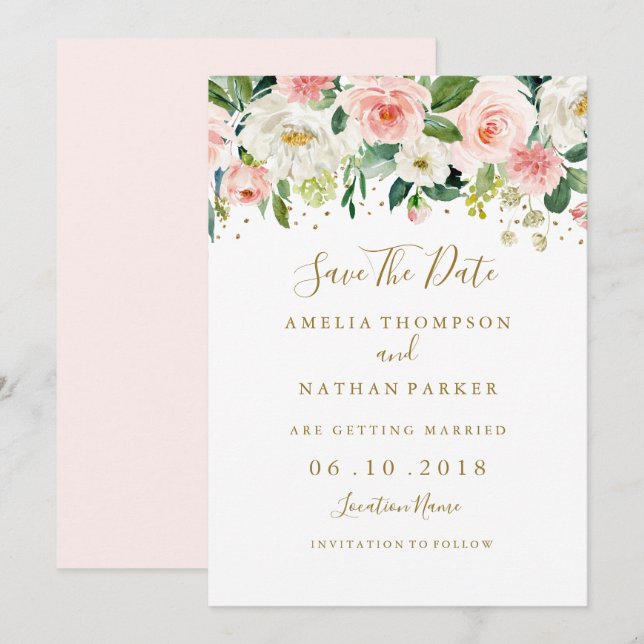 Invitation Faire part de mariage Floral Blush Gold (Devant / Derrière)