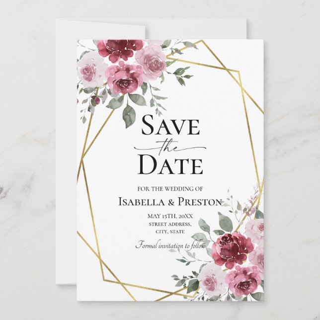 Invitation Faire part de mariage floral bordeaux rose poudré (Devant)