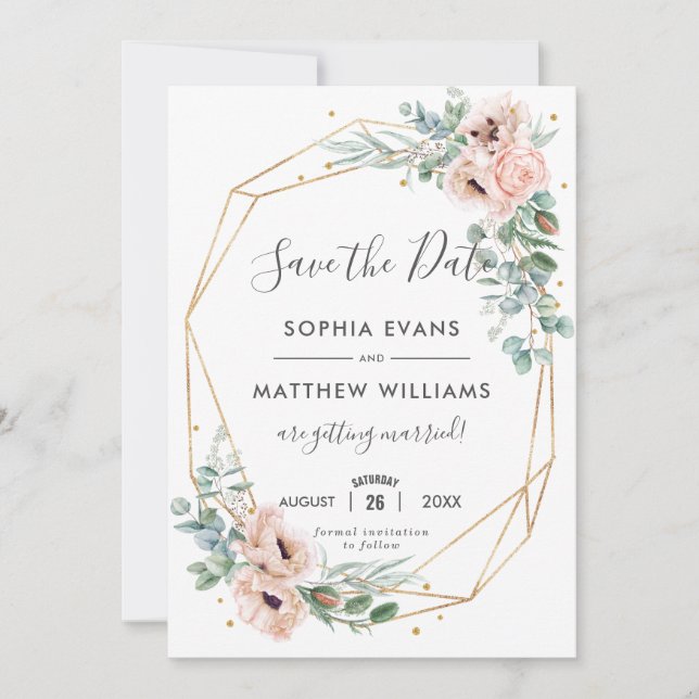 Invitation Faire part de mariage floral rose eucalyptus doré  (Devant)